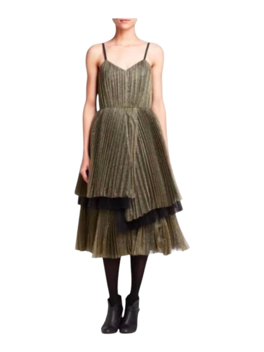 Marc Jacobs Olive Metallic Pleated High-Low Midi Dress